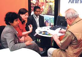 Pix shows Achini Dandunnage of SLCB, Tina Schumacher of SriLankan Airlines and Achala Gamage of Diethelm Travels dealing with a MICE buyer - IMEX_Booth