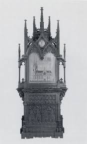 Ernst Langlotz: Schreibschrank mit eingebauter Uhr. Regensburg 1885. Museen der Stadt Regensburg. Die intarsierte Tür zeigt den Regensburger Dom.