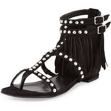 Saint Laurent Studded Fringe Leather Flat Sandal ($1,050) ❤ liked ...