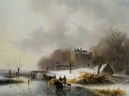 Frozen canal near castle--Andreas Schelfhout (1787-1870) - schelfhout-andreas-frozen-canal-near-castle-sun_web