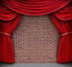 Red Curtains Or Velvet Drapes On An Old Rustic Brick Wall As ...