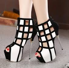 Chic Black White Super High Heels Hollow Out Open Toe Boots For ...