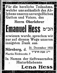 Emanuel Hess erwiesen wurde, sprechen wir nur auf diesem Wege unseren innigsten Dank aus. Nürnberg, Martin-Richterstr. 7 den 31. Dezember 1933 - 13.