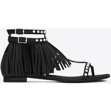 Saint Laurent Nu Pieds Fringed Flat Sandal In Black Leather ...