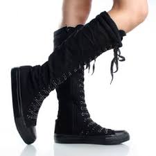 Black-Canvas Casual Lace Up Sneakers Womens Flat Knee High B ...