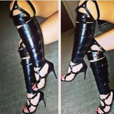 BLACK FAUX LEATHER STRAPPY KNEE HIGH GLADIATOR SANDALS | time to ...