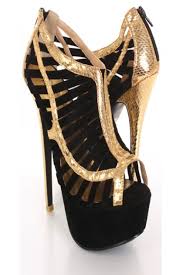 Black Gold Faux Suede Caged Strappy Snake Skin Trim Platform Heels ...