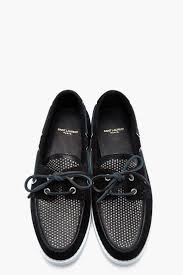 SAINT LAURENT Black leather silver-studded Lace Up Deck shoes ...