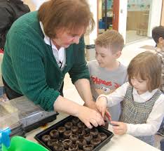 ... a retired teacher who volunteers weekly at the Gladstone Center, helps student Maddie Heckert plant seeds while Ronan Coy observes. - karen-sprecker-maddie-heckertjpg-51b264b005d1bb47