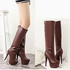 Jual sepatu boot wanita korea pump heel kulit import coklat hitam ...