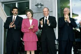 From left, Javier Goizueta, Mrs. Olga C. de Goizueta, former Emory President William Chace, and Ron Frank. - GBS-Dedication-'97