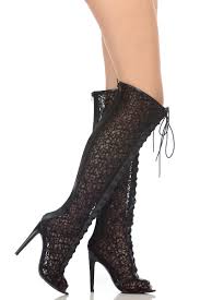 Black Crochet Thigh High Lace Up Peep Toe Boots @ Cicihot Boots ...