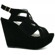 Suede Style Wedge High Heel Platform Strappy Shoes Sandals - Black ...