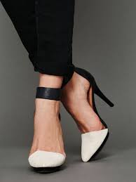 White And Black Ankle Strap Pointed Toe Pumps : sexyshoeswoman.com