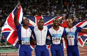 Gardener (right) celebrates Olympic gold in Athens with Marlon Devonish, Mark Lewis-Francis and Darren Campbell - article-0-017AF9810000044D-87_468x306