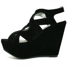 Suede Style Wedge High Heel Platform Strappy Shoes Sandals - Black ...