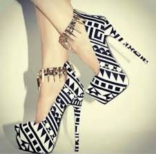 Shoes: black and white, tribal pattern, gold spikes, ankle strap ...