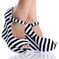 Black-White Peep Toe Stripe Mary Jane Womens Heel Platform Wedge ...