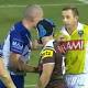 David Klemmer makes contact with referee Ben Cummins. Photo: Nine 