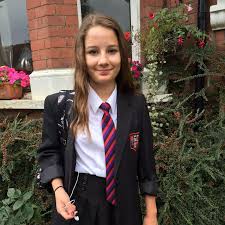 uk schoolgirl |Year 7 girl / schoolgirl student / pupil / child / kid in new uniform  leaving home on the first 1st day of school at the start of Secondary. UK  (127 Stock Photo - Alamy