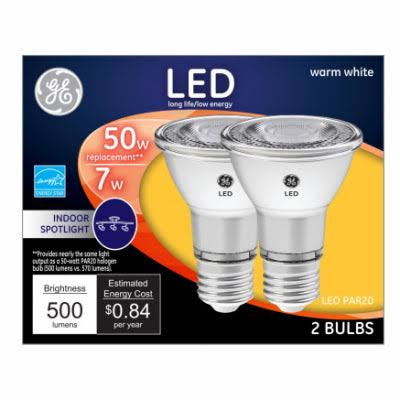 GE Lighting 93116055 LED Directional Light Bulb, R20, Warm White, Clear Bulb, 500 Lumens, 7-Watt, 2-Pk.