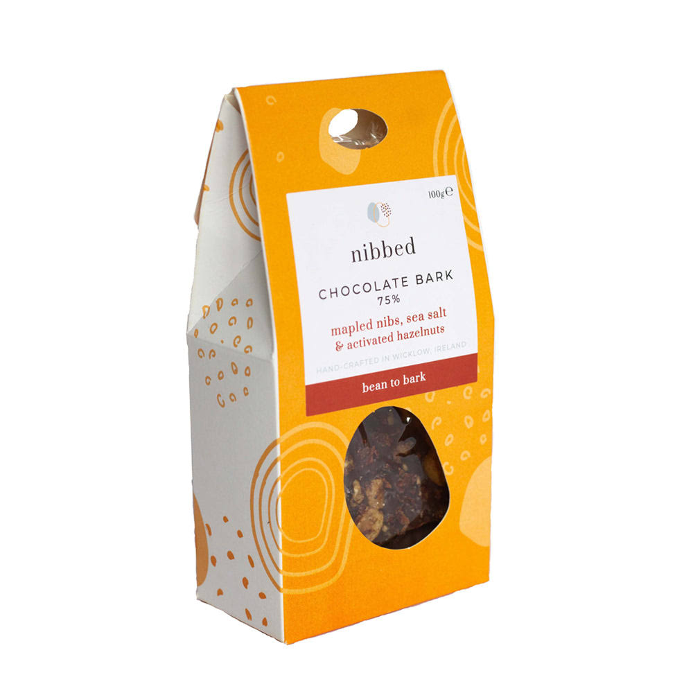 Nibbed Chocolate Bark 75% Mapled Nibs, Sea Salt & Activated Hazelnuts - 100g