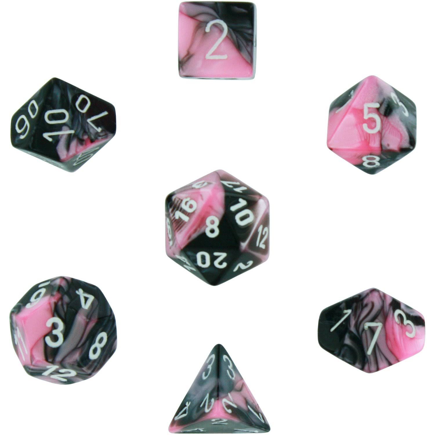 Chessex Gemini Poly 7 Dice Set: Black-pink/white