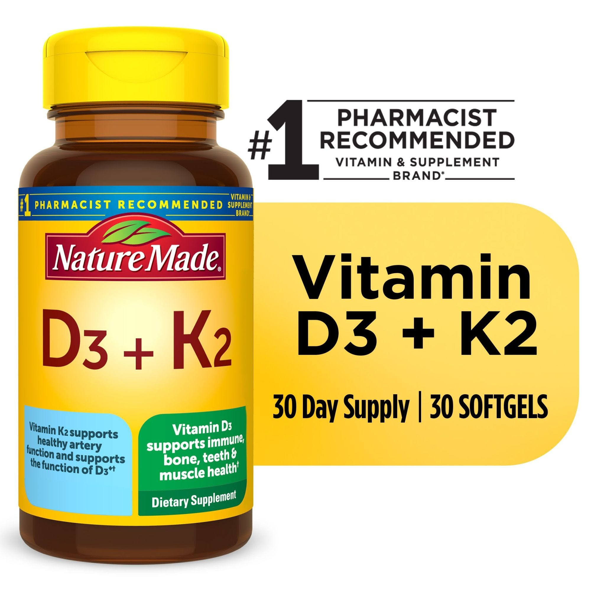 Nature Made Vitamin D3 K2, 5000 IU Vitamin D, Dietary Supplement For Bone, Teeth, Muscle And Immune Health Support, 30 Softgels, 30 Day Supply