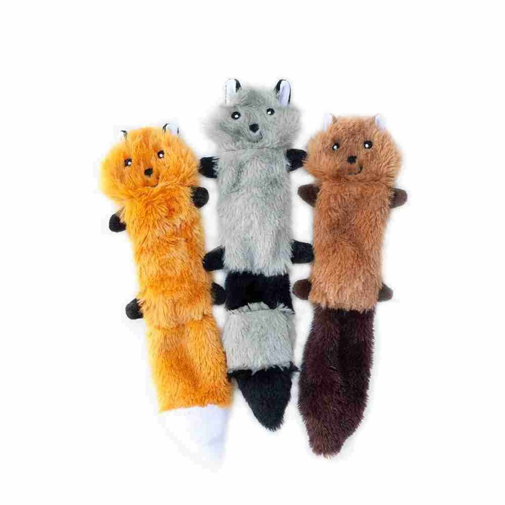 ZippyPaws Skinny Peltz No Stuffing Squeaky Plush Dog Toy - Fox, Raccoon, and Squirrel