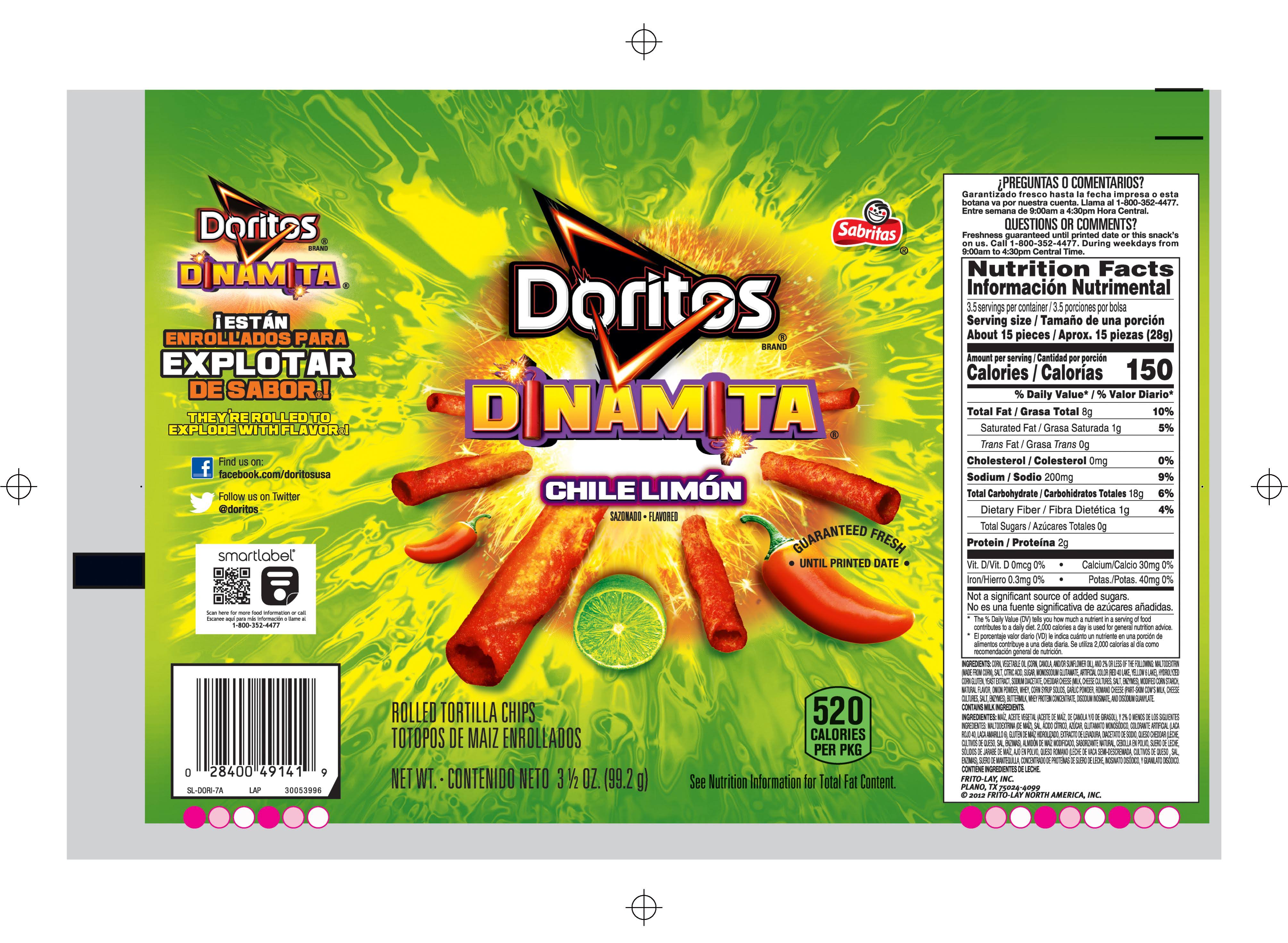 Doritos Dinamita Tortilla Chips, Rolled, Chile Limon Flavored - 3.5 oz
