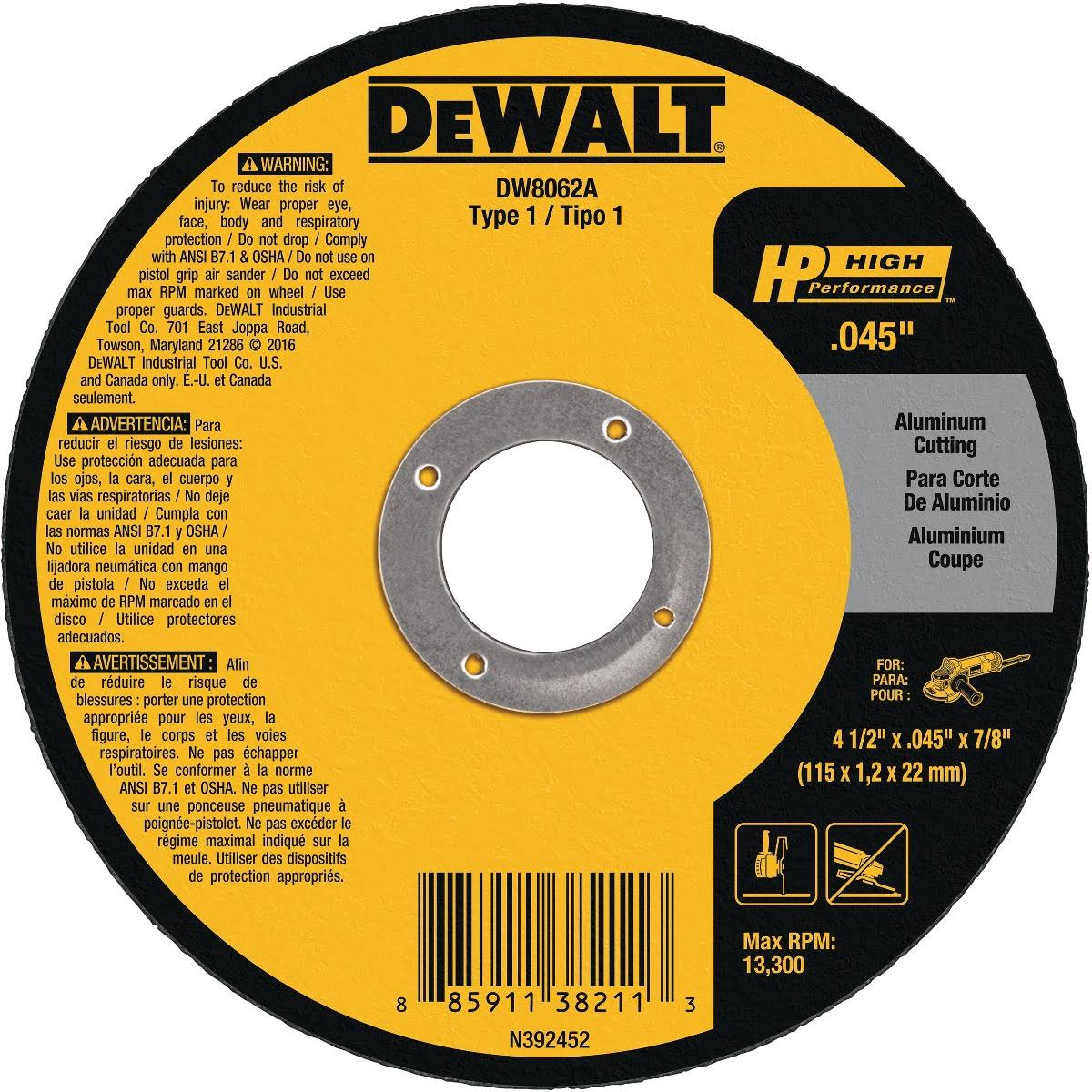 DeWalt DW8062A 4-1/2 x .045 x 7/8" Aluminum Oxide A60N Cutting Wheel