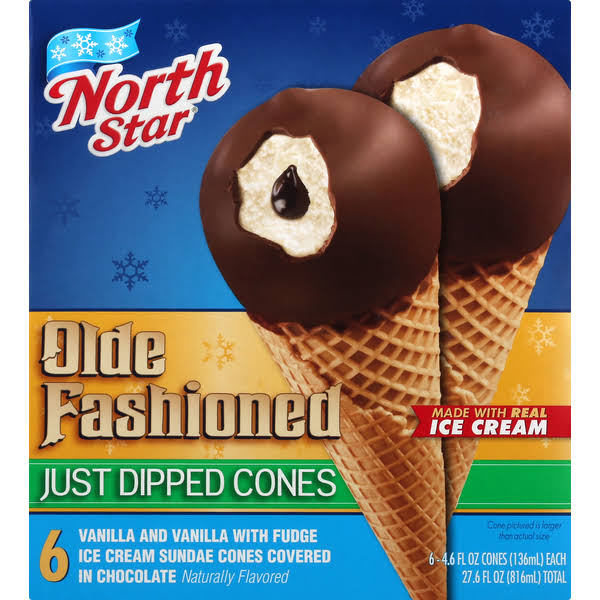 North Star Olde Fashioned Ice Cream, Just Dipped Cones - 6 pack, 4.6 fl oz cones