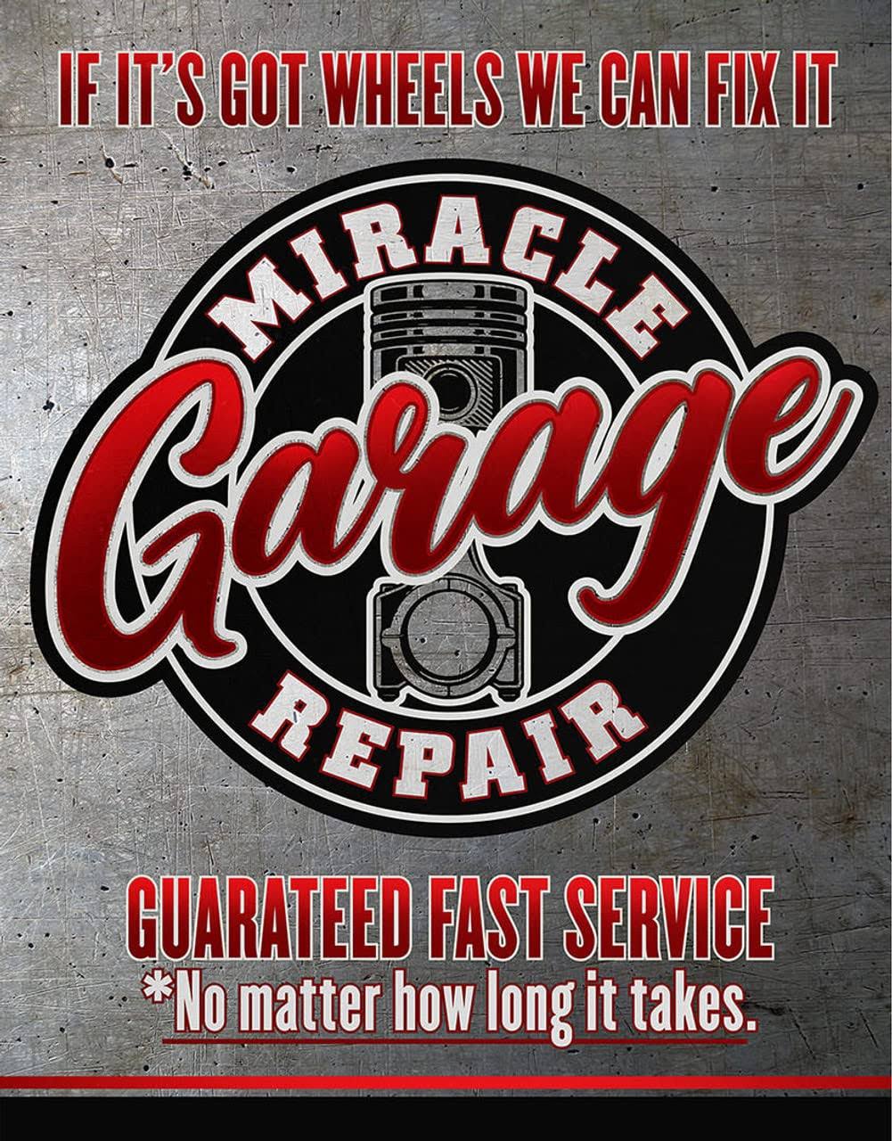 Desperate Enterprises Miracle Garage Tin Sign - Nostalgic Vintage Metal Wall Decor - Made in USA