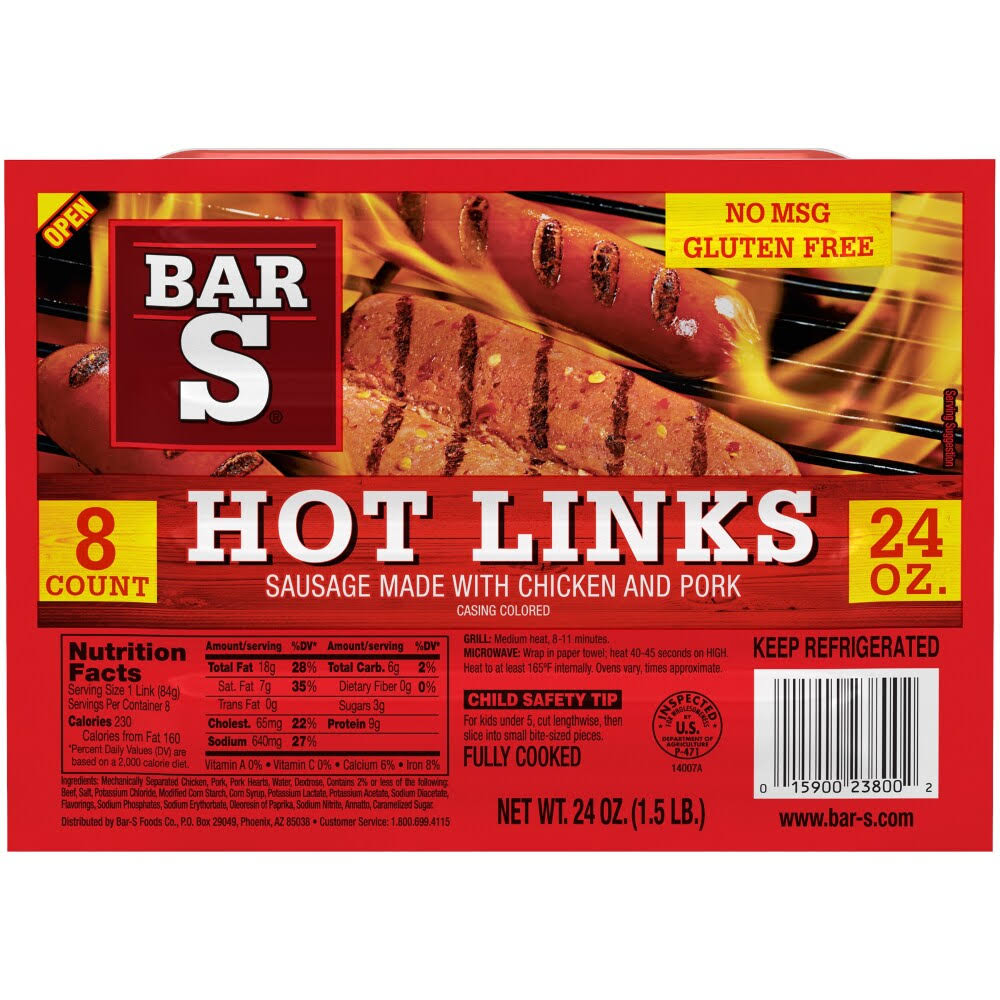 Bar S Sausage, Hot Links - 8 sausage, 24 oz