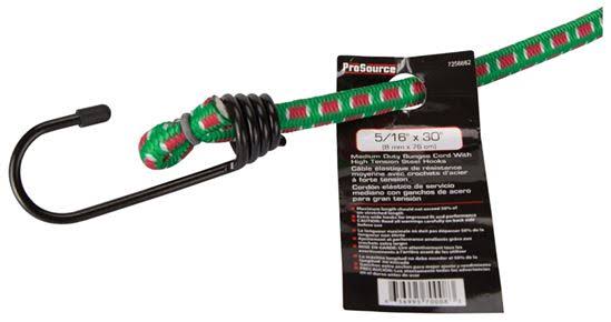 ProSource Braided Stretch Cord, 8 mm Dia x 30 in L, Metal Hook, Spring Hook End, Green 10 Pack