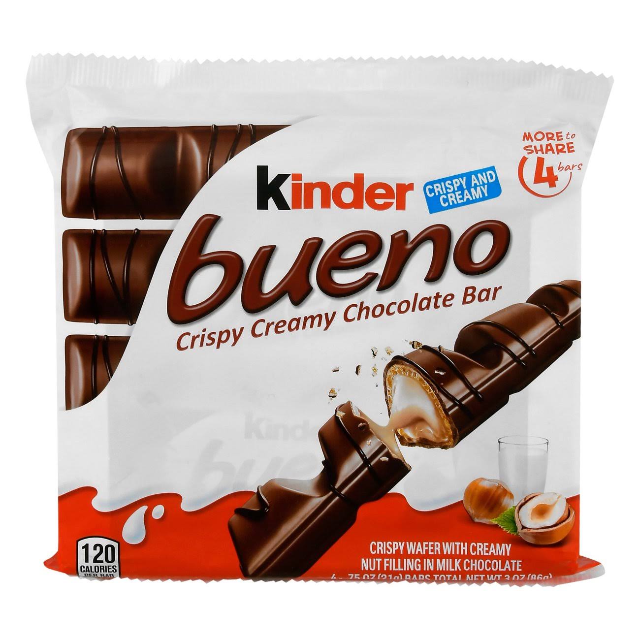 Kinder bueno candy bar pack, milk chocolate & hazelnut cream, 4 ea