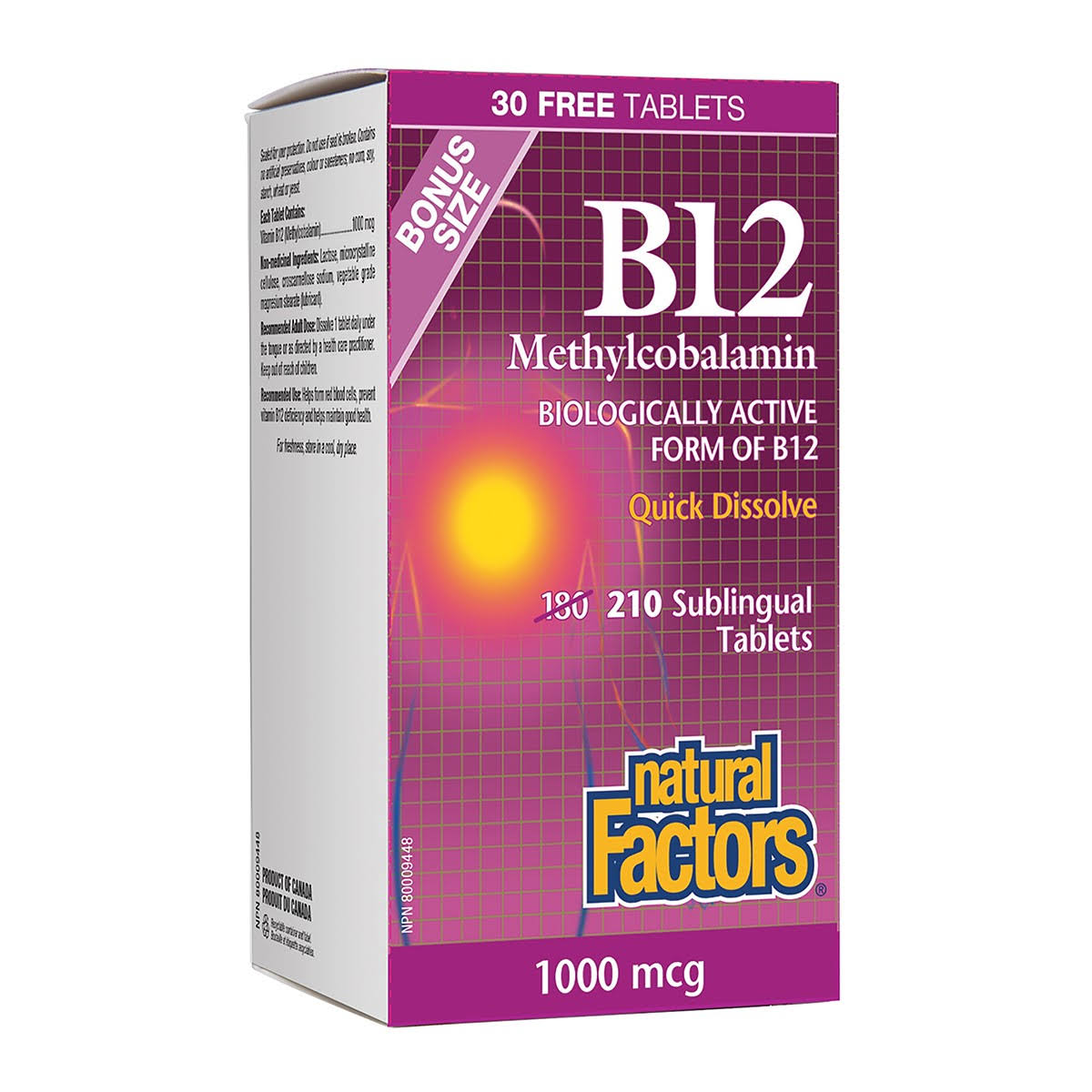 Natural Factors B12 Methylcobalamin 1000 mcg Bonus Size 210 Tablets