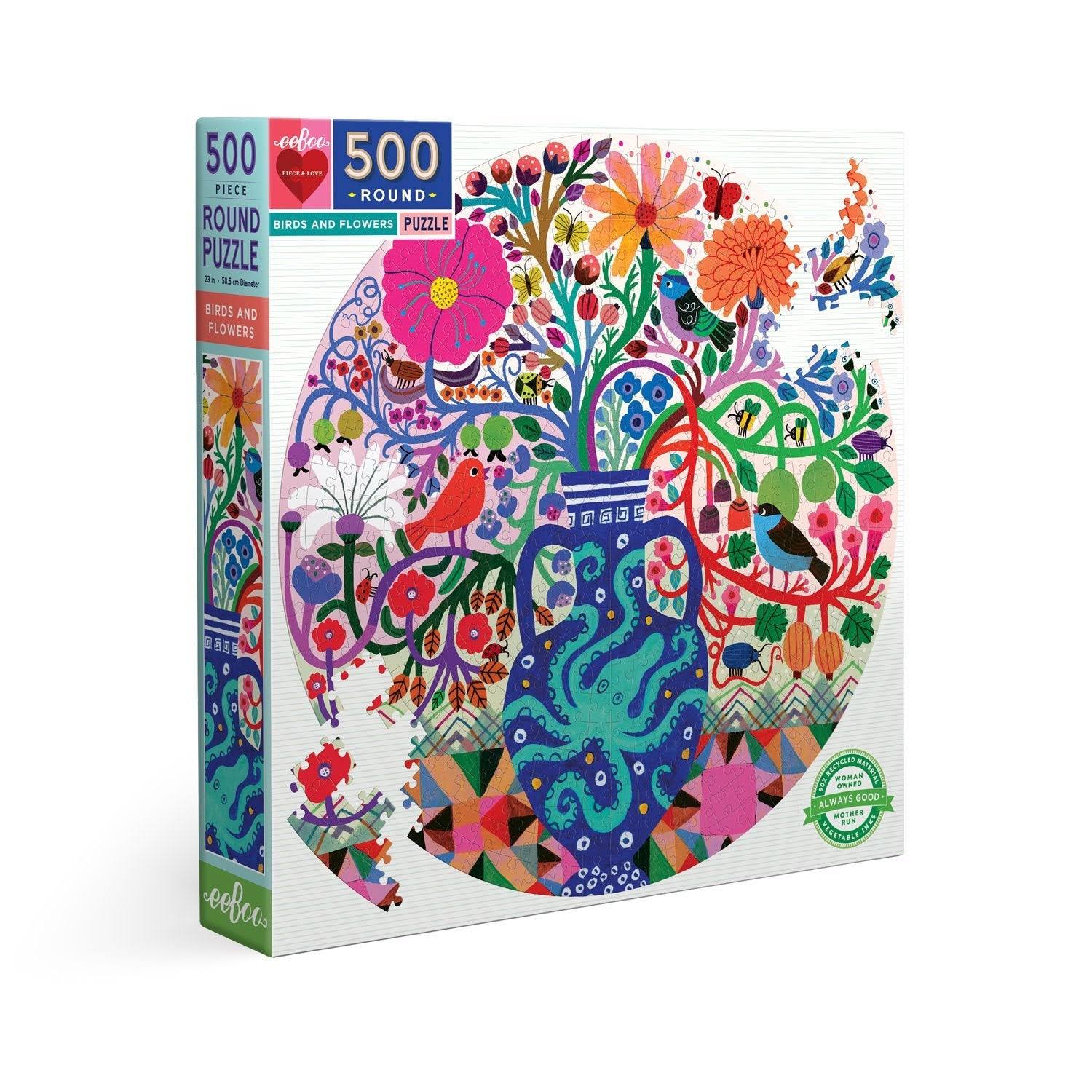 Eeboo 500 Piece Round Puzzle Birds And Flowers