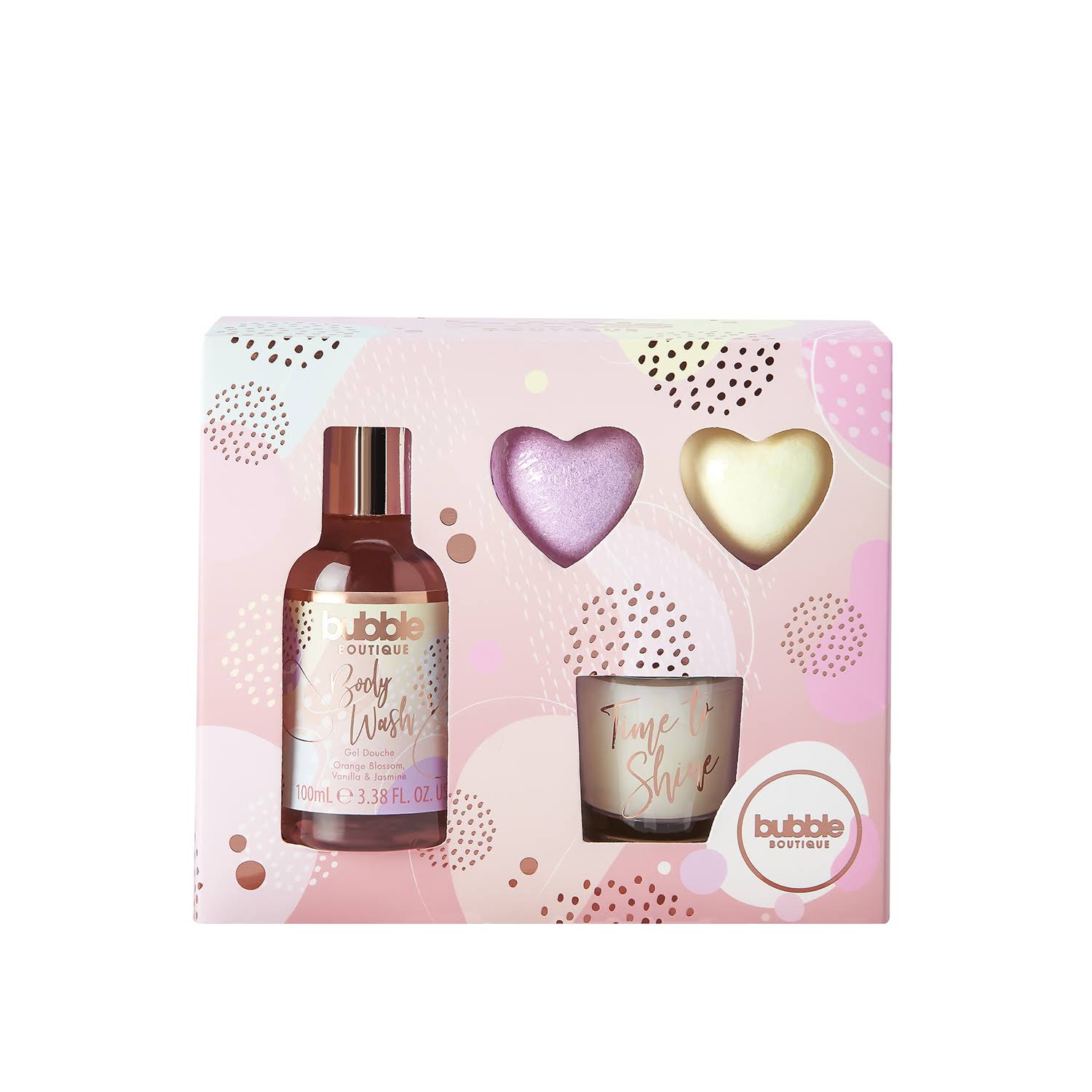 Style & Grace Bubble Boutique Relax and Bathe Gift Set 100ml Body Wash + 2 x 20g Heart Bath Fizzer + 30g Candle + Votive