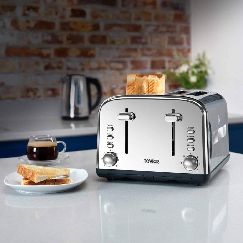 (4-Slice Toaster, Polished Stainless Steel) - Tower T20015 Infinity 4 Slice Toaster with 7 Browning Setting and Defrost Function, Stainless Steel