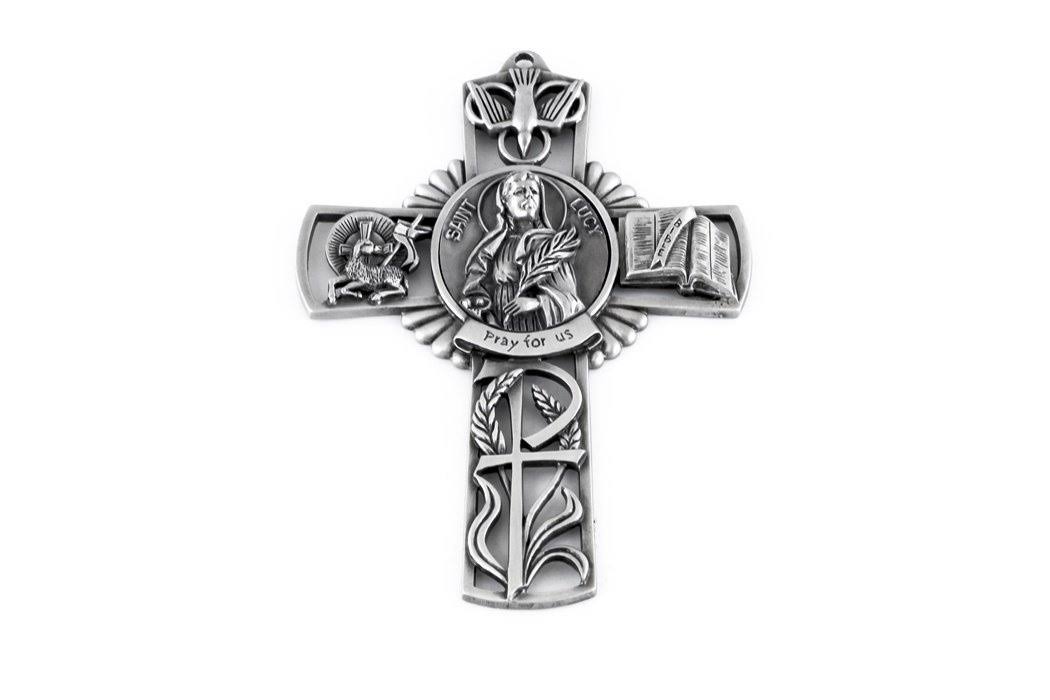 Pewter Catholic Saint St Lucy Pray for US Wall Cross, 13cm | Decor | Best Price Guarantee | Delivery Guaranteed | 30 Day Money Back Guarantee