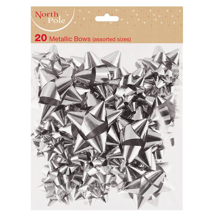 Metallic Silver Gift Bows in Assorted Sizes - 20 Pack