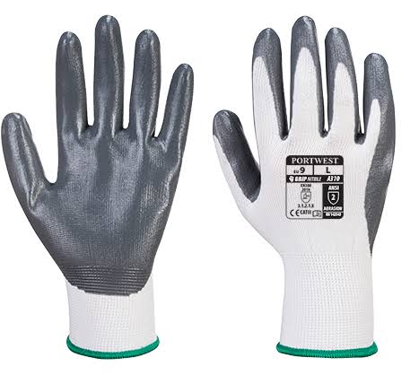 Portwest Flexo Grip Nitrile Glove (A310) (Pack of 10), Grey/White / M / W