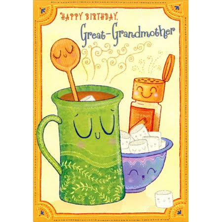 Designer Greetings Wooden Spoon in Green Mug, Marshmallows, Cinnamon Juvenile Birthday Card for Great-Grandmother from Kid / Child, Size: 5.25 x 7.5