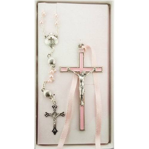 (BS53) PINK CRUCIFIX & SHELL ROSARY