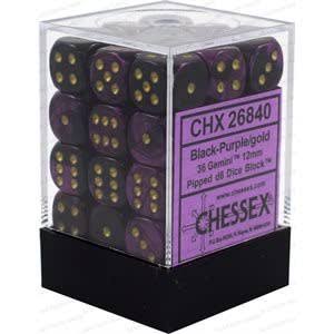 Chessex GEMINI: 36D6 12MM BLACK-PURPLE/GOLD