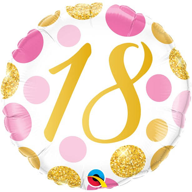 Qualatex Age 18/18th Birthday Pink & Gold Dots 18" Foil Balloon