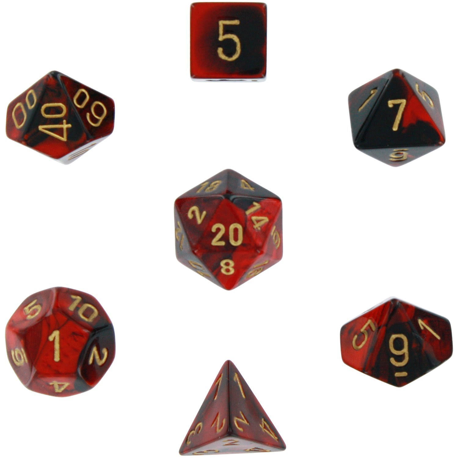 Chessex Gemini Polyhedral 7 Dice Set - Black & Red W Gold Numbers