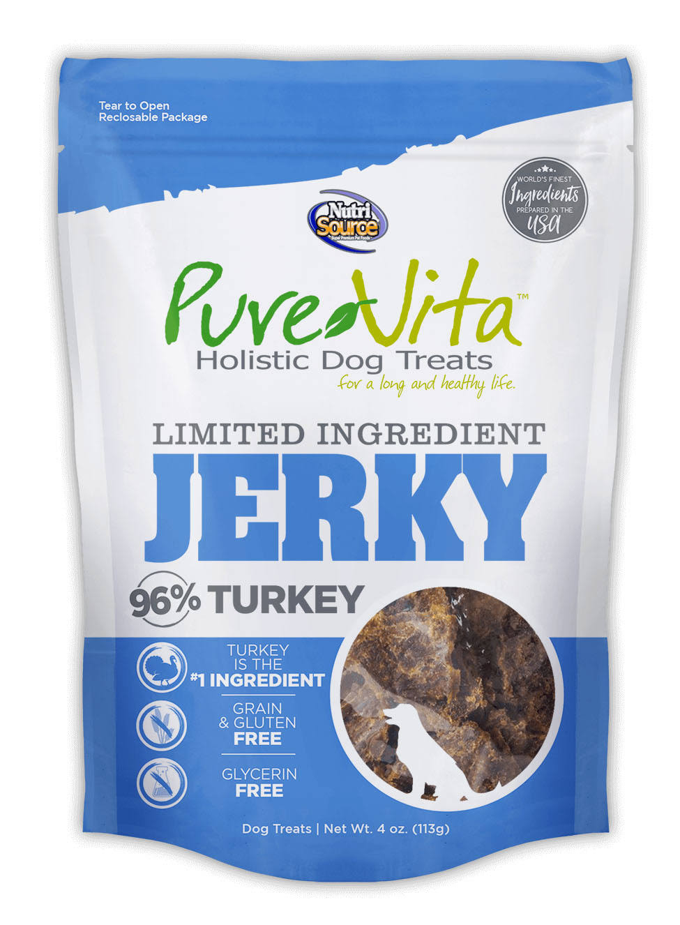 PureVita Limited Ingredient 96% Turkey Jerky Holistic Dog Treats 4-oz