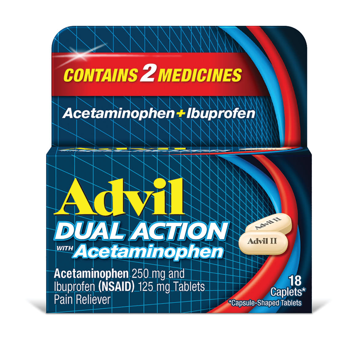 Advil Pain Reliever, Dual Action with Acetaminophen, Caplets - 18 caplets